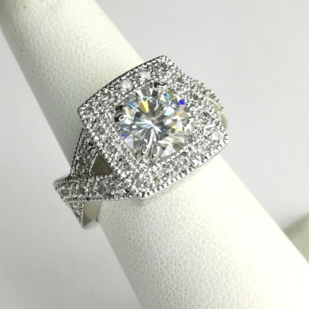 VINTAGE inspired 3ct CZ ring 14k white gold overlay size 8